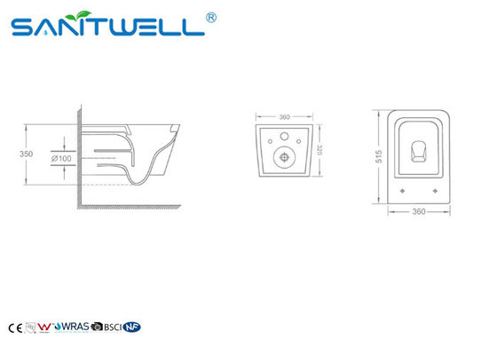 Ceramic Square Wall Hung Toilet  European Water Closet 515*360*350 mm Size